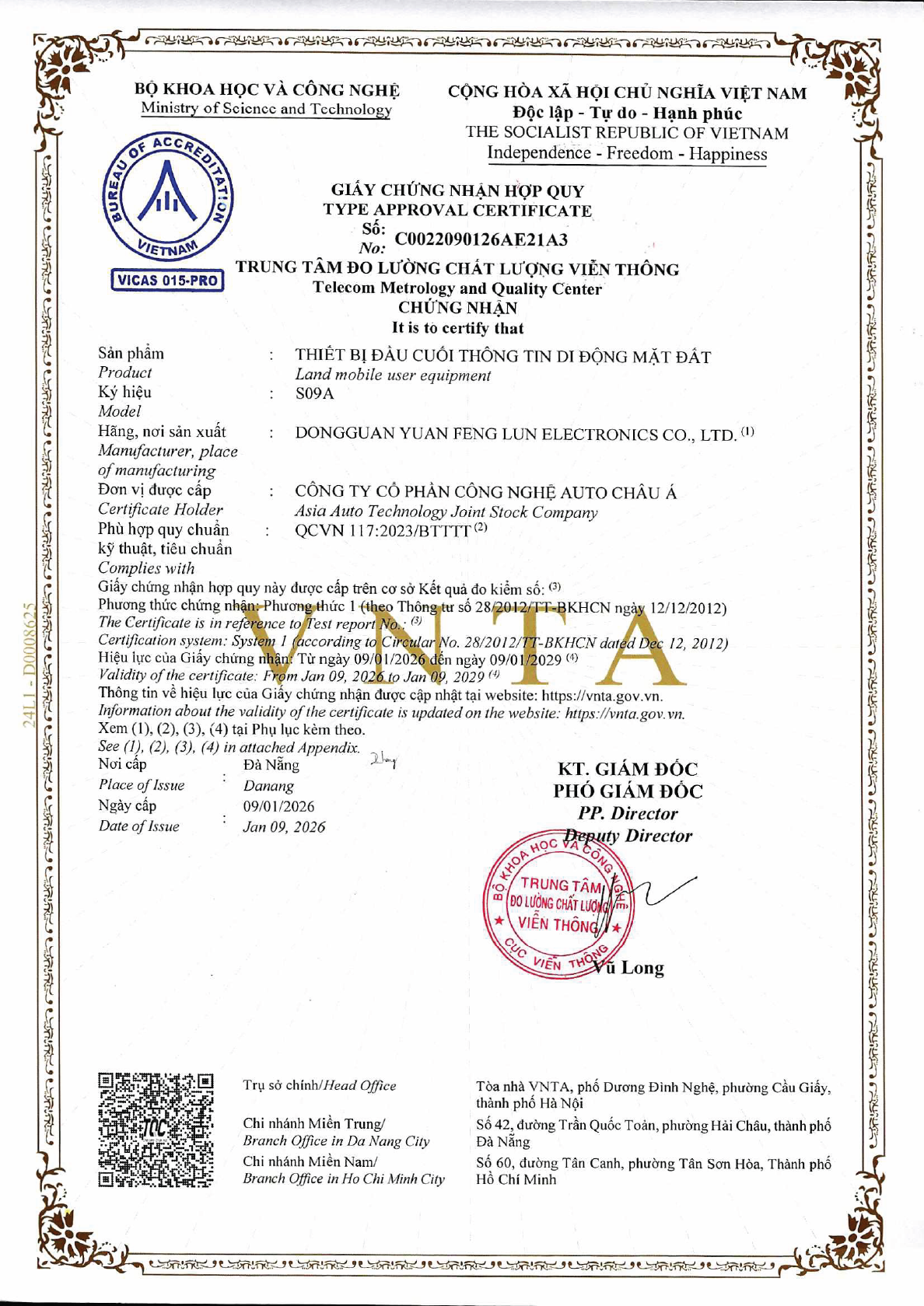 giấy chứng nhận hợp quy bộ định vị S09A